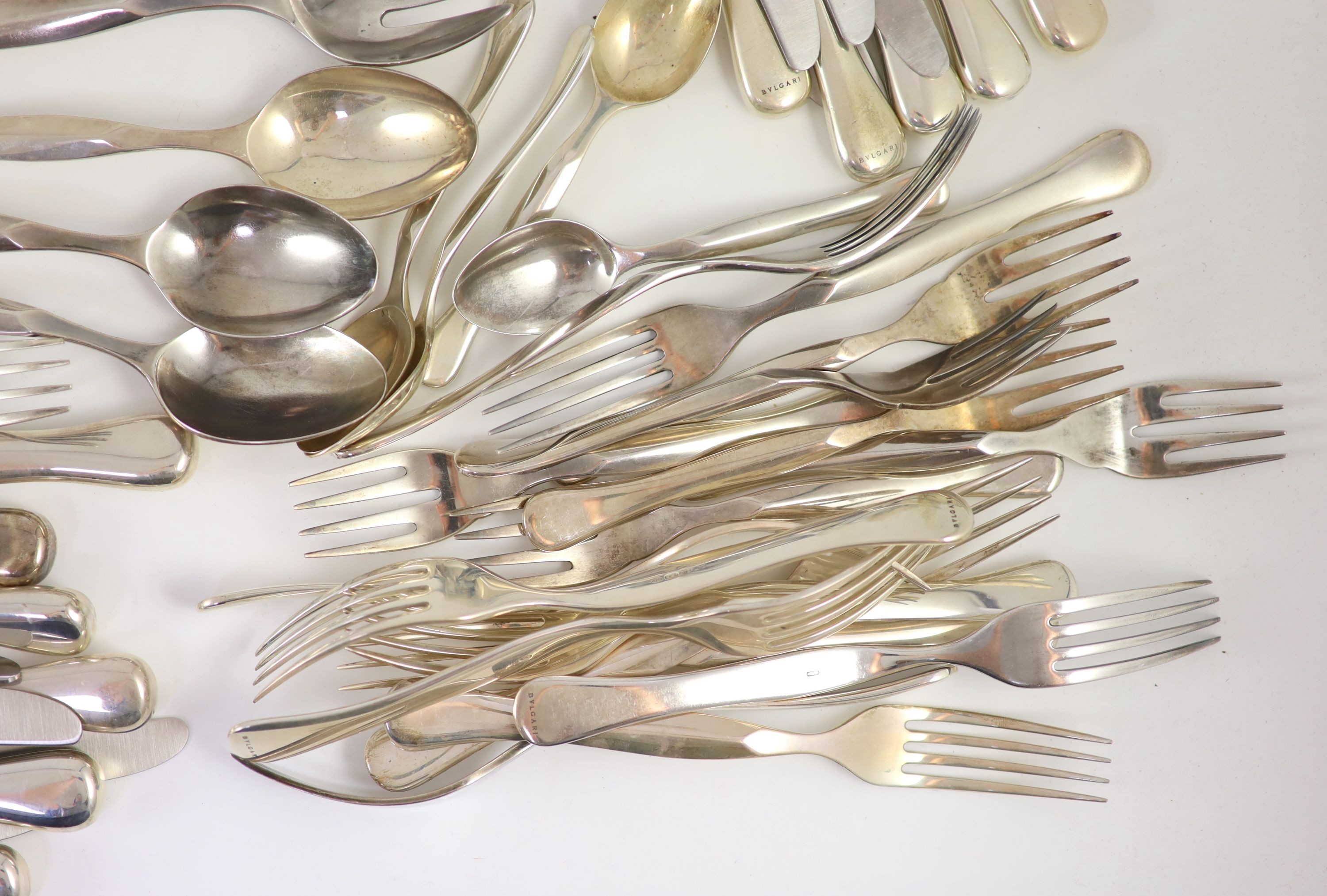 A modern canteen of Italian Eccentrica pattern by Rosenthal for Bulgari 925 sterling cutlery for twelve